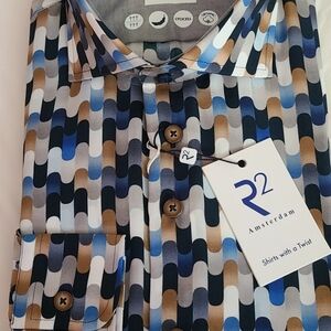 R2 Amsterdam Blue, Brown & White Geometric Button-Down Shirt